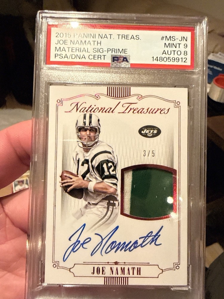 2015 National Treasures Joe Namath, Auto, Game-worn Patch /5 PSA 9, Pop. 1