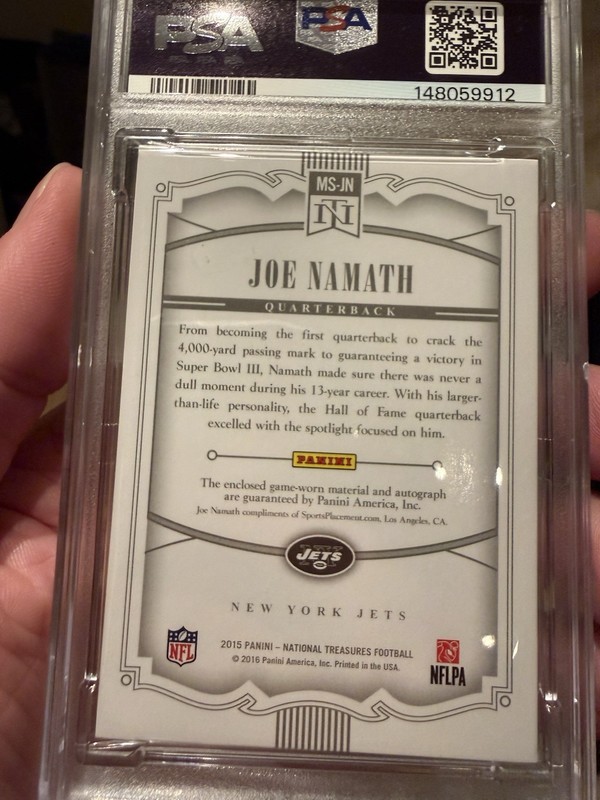 2015 National Treasures Joe Namath, Auto, Game-worn Patch /5 PSA 9, Pop. 1 view 2