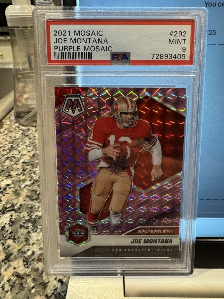 2021 Panini Mosaic Joe Montana PSA 9 MINT 18/49 #292 Purple Mosaic Prizm