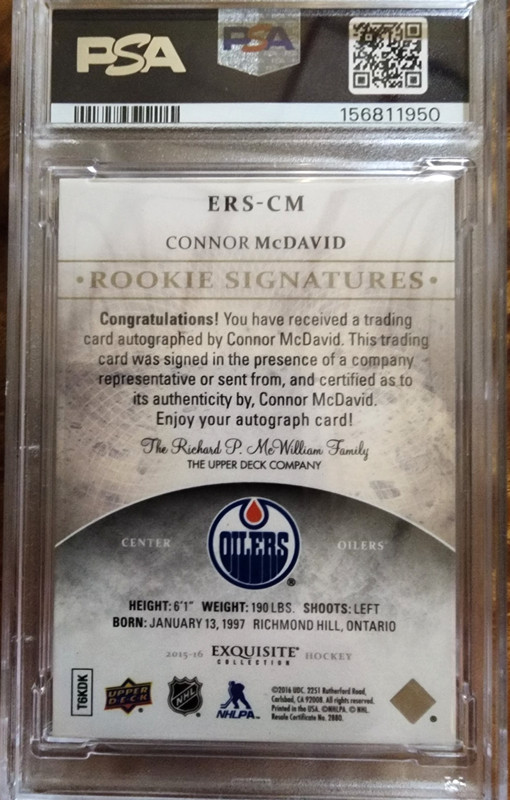 2015-16 Upper Deck Ice Exquisite Collection Connor McDavid Auto RC 90/149 PSA 7 view 2