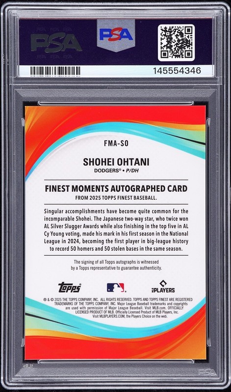 2025 Topps Finest Shohei Ohtani Moments Auto Black Refractor #/10 Dodgers PSA 10 view 2