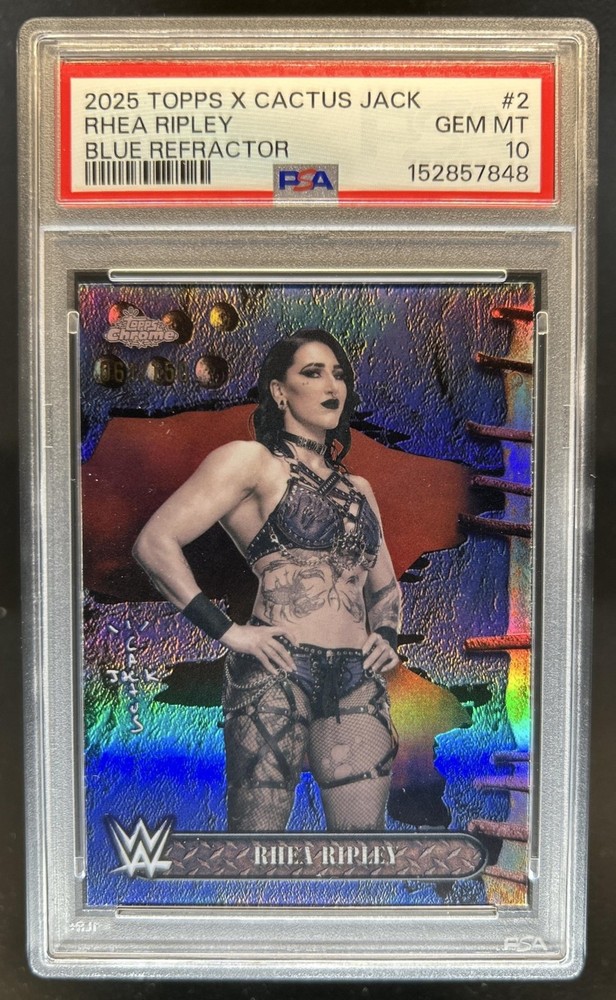 2025 Topps Chrome WWE x Cactus Jack Rhea Ripley Blue Refractor #/150 PSA 10