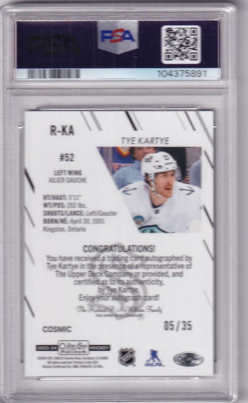 2023-24 OPC Platinum Hockey Tye Kartye Rookie Auto Cosmic #05/35 PSA 10 view 2