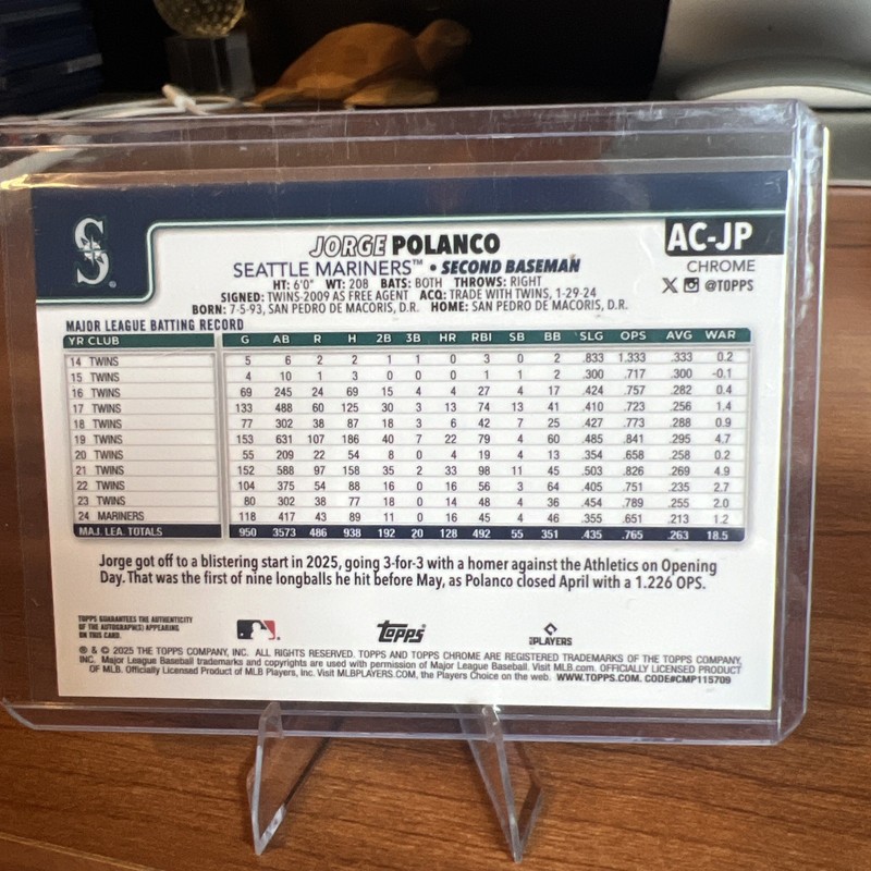 2025 Topps Chrome Update #AC-JP Jorge Polanco Gold Wave Refractor Auto #29/50 view 2