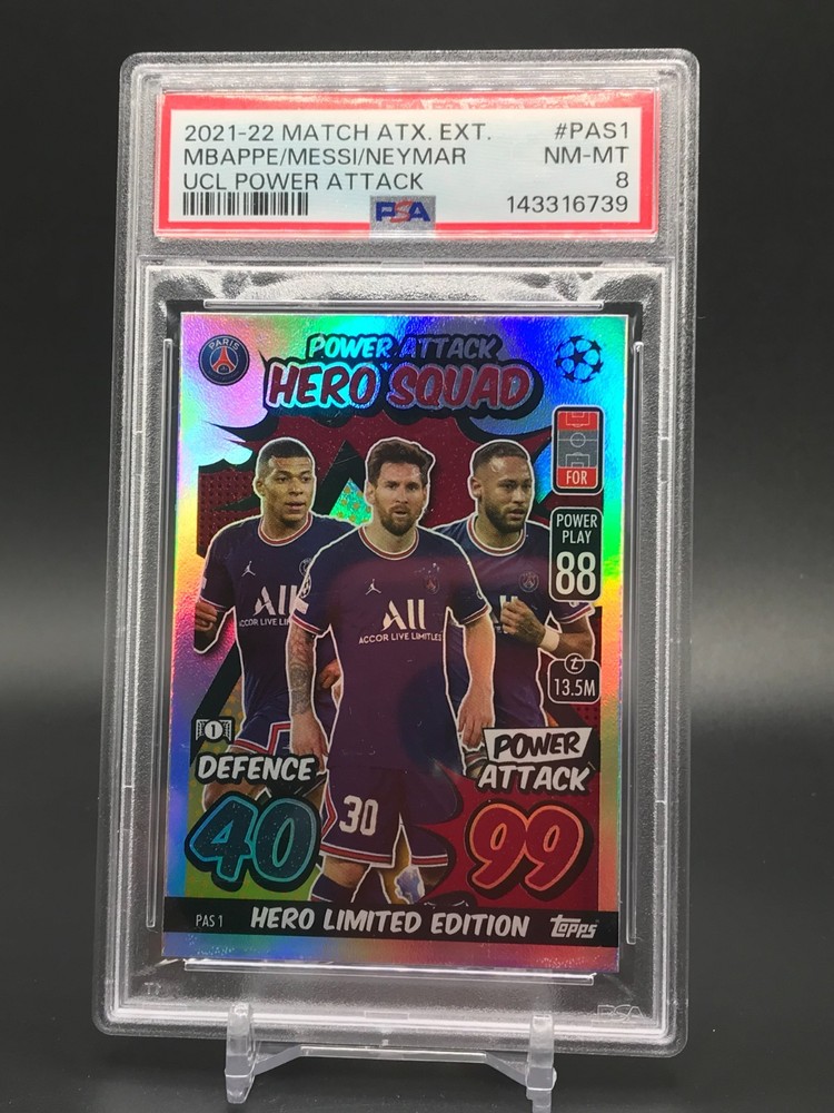 2021-22 Topps Match Attax Kylian Mbappe Lionel Messi Neymar Hero Squad PSA 8