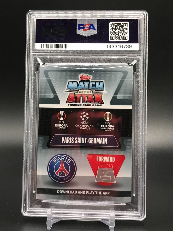 2021-22 Topps Match Attax Kylian Mbappe Lionel Messi Neymar Hero Squad PSA 8 view 2