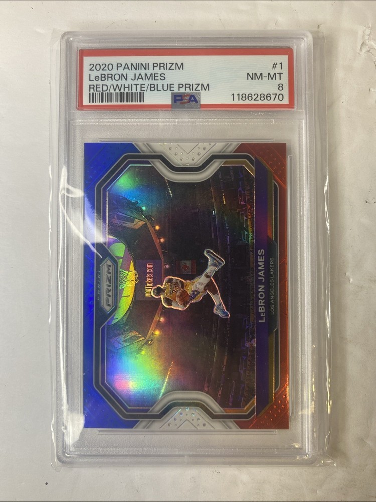 LEBRON JAMES 2020-21 PANINI PRIZM #1 RED WHITE AND BLUE PSA 8
