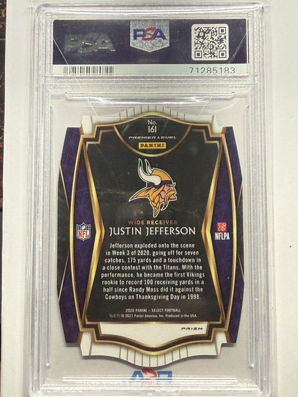 2020 Select - Premier Justin Jefferson RC PSA 10 Purple Prizm Die-Cut Rookie view 2