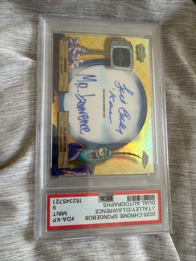 Topps 2025 SpongeBob Sapphire Karen Plankton Dual Autographs DA-KP PSA 9