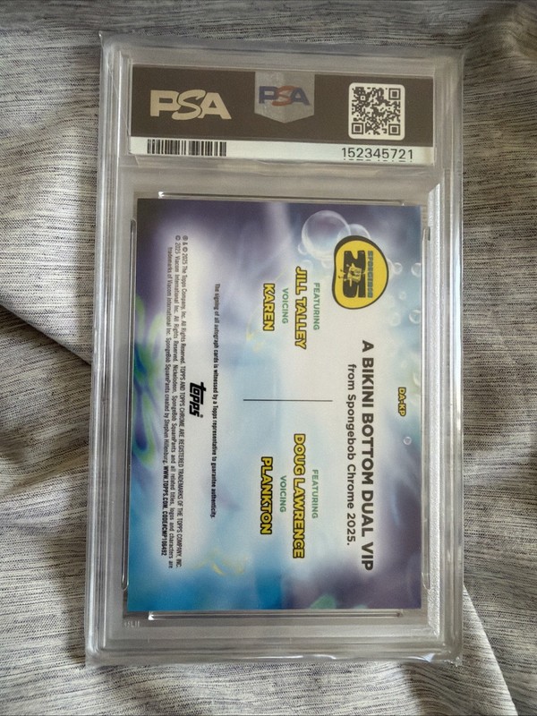 Topps 2025 SpongeBob Sapphire Karen Plankton Dual Autographs DA-KP PSA 9 view 2