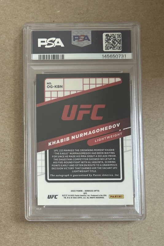 2022 Donruss Optic UFC Khabib Nurmagomedov Opti-graphs Autograph Card PSA 8 view 2