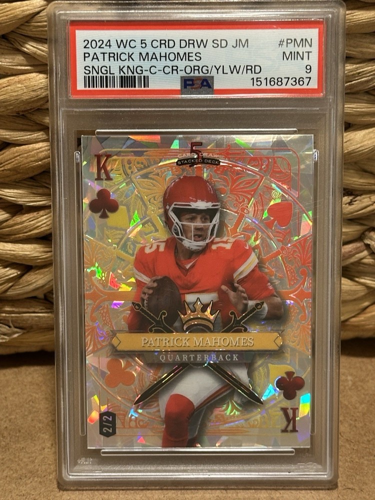 Patrick Mahomes Cracked Ice Orange Wild Card 2024 5 Card Draw  2/2 PSA 9