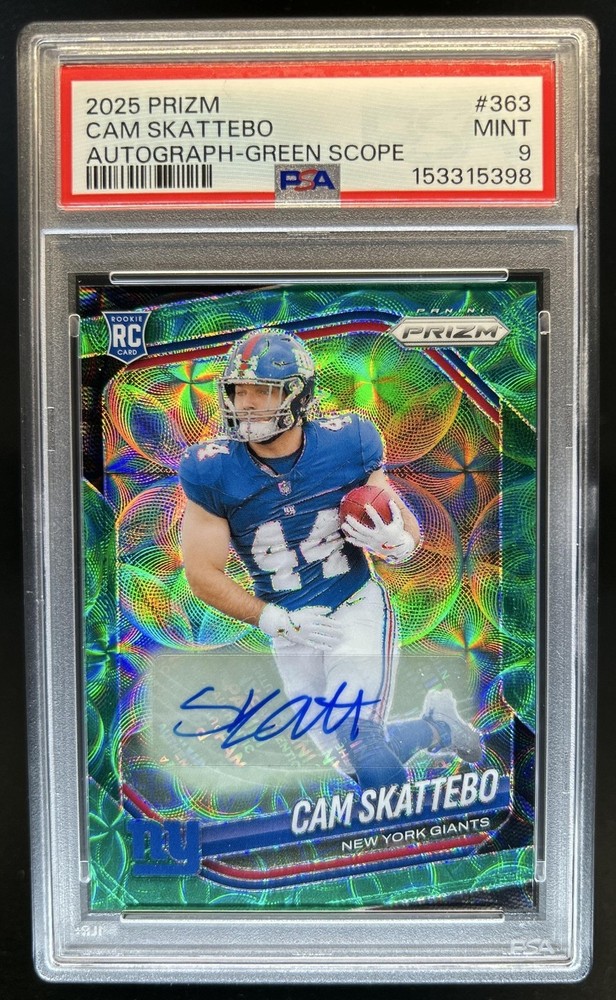 2025 Panini Prizm Cam Skattebo Rookie Auto RC Green Scope #/75 Giants PSA 9