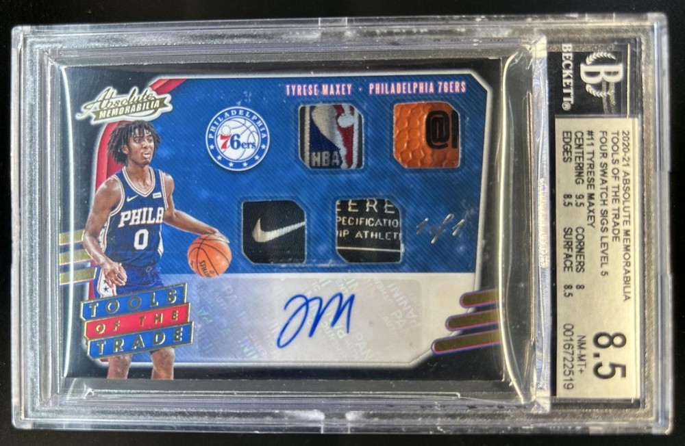2020-21 Absolute Tyrese Maxey Tool NBA Logoman Tag Patch RC Auto #1/1 BGS 8.5/10