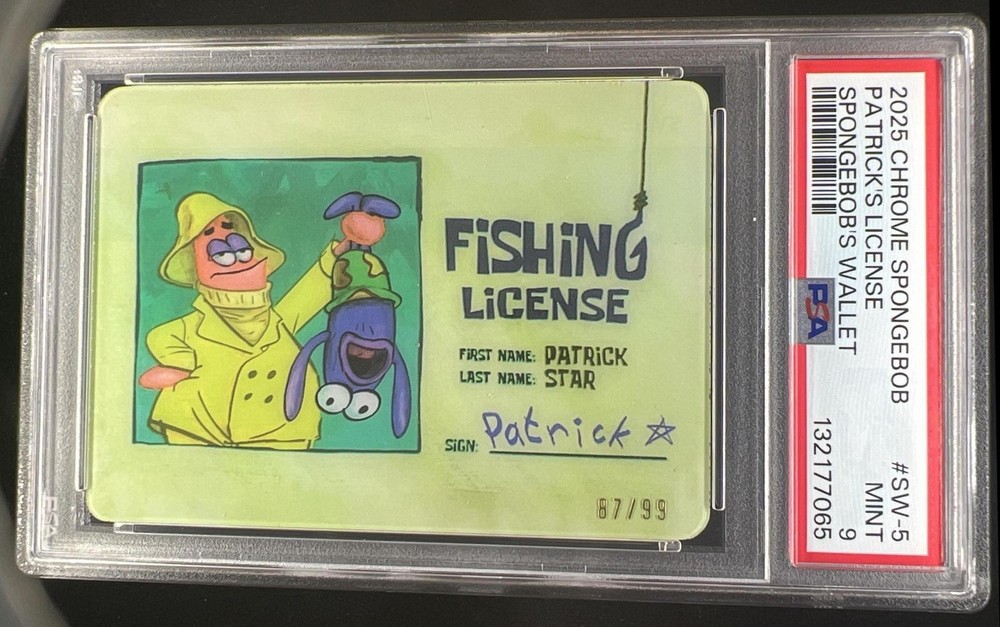 2025 Topps Chrome SpongeBob Patricks Fishing License SpongeBobs Wallet /99 PSA 9