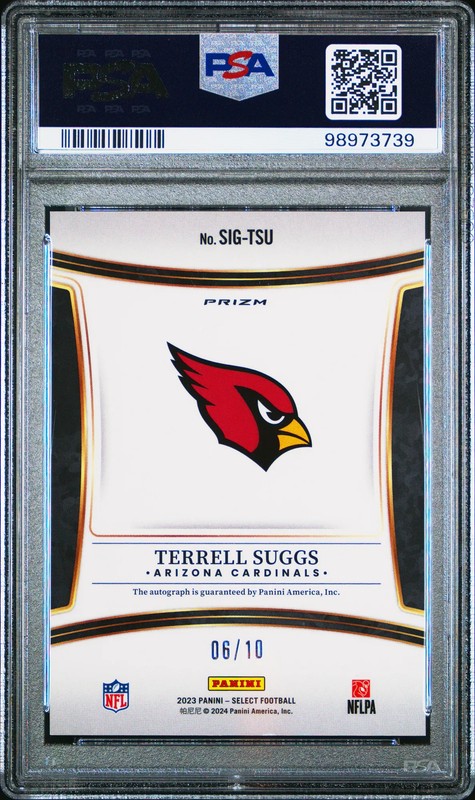 2023 Panini Select Signatures Gold Prizm /10 Terrell Suggs #SIG-TSU Auto PSA 8 view 2