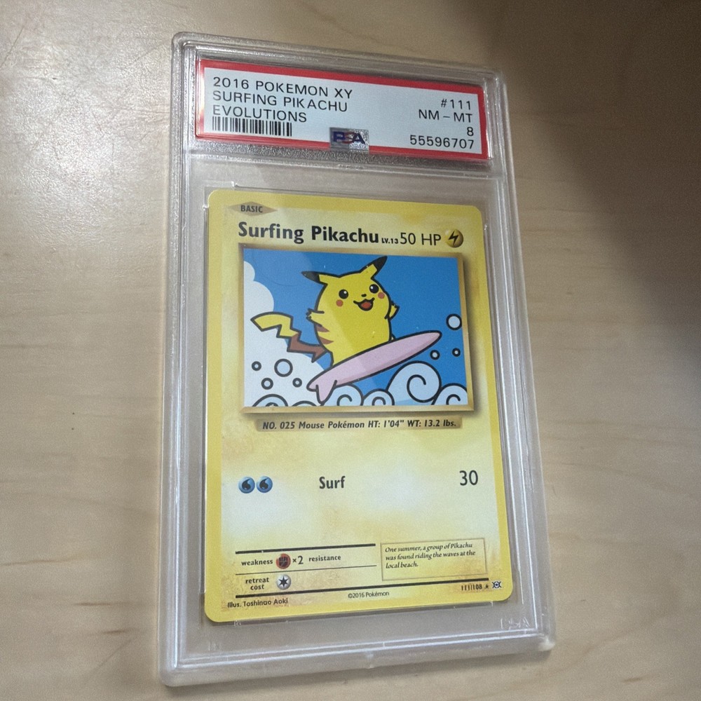 2016 Pokémon TCG Surfing Pikachu XY Evolutions Card 111/108, PSA 8 NM-MT