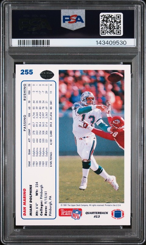 1991 Upper Deck Football Dan Marino Card PSA 9 Mint #255 view 2