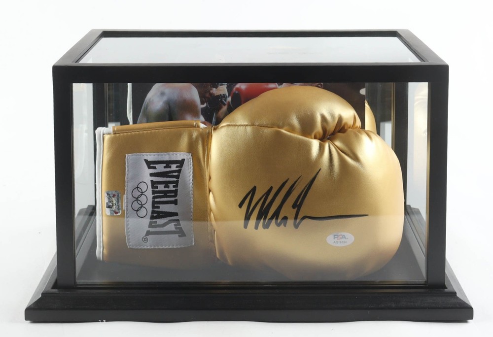 Mike Tyson Signed Everlast Gold Edition Boxing Glove with Wood Photoback Display