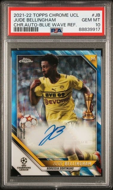 Jude Bellingham 2021-22 Topps Chrome UCL Blue Wave Refractor Auto /75 PSA 10