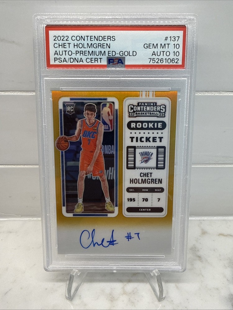 2022 Contenders Chet Holmgren GOLD PRIZM SSP /10 Rookie Ticket PSA 10 Auto 10 RC