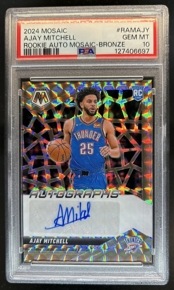 2024-25 Panini Mosaic Ajay Mitchell Mosaic Rookie Auto RC Bronze #/75 PSA 10