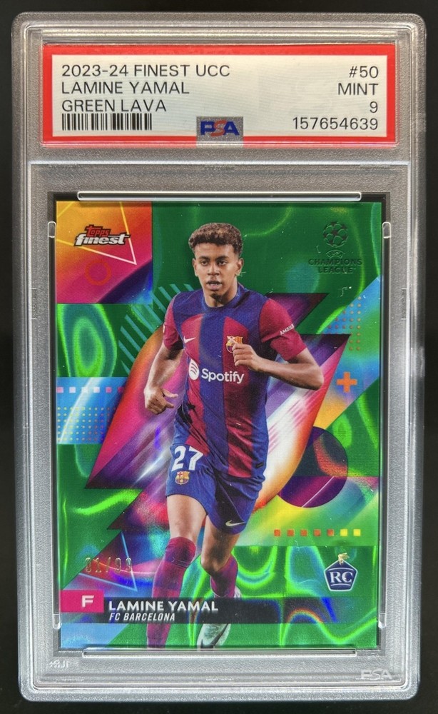 2023-24 Topps Finest UEFA Lamine Yamal RC Refractor Green Lava #/99 PSA 9