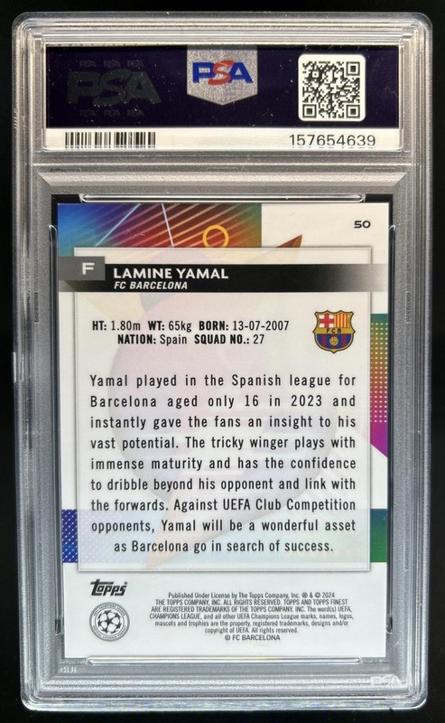 2023-24 Topps Finest UEFA Lamine Yamal RC Refractor Green Lava #/99 PSA 9 view 2