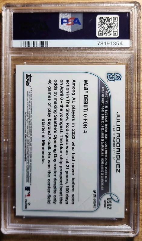 2022 Topps Chrome Update Sapphire Julio Rodriguez RC PSA 10 Mariners Rookie view 2