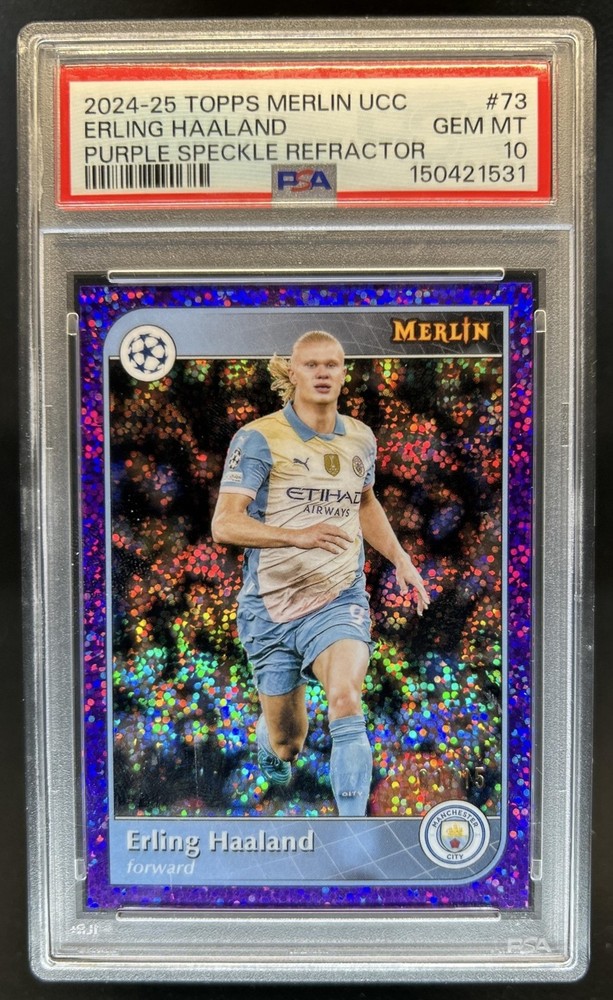 2024-25 Topps Merlin Chrome Erling Haaland Purple Speckle Refractor #/15 PSA 10