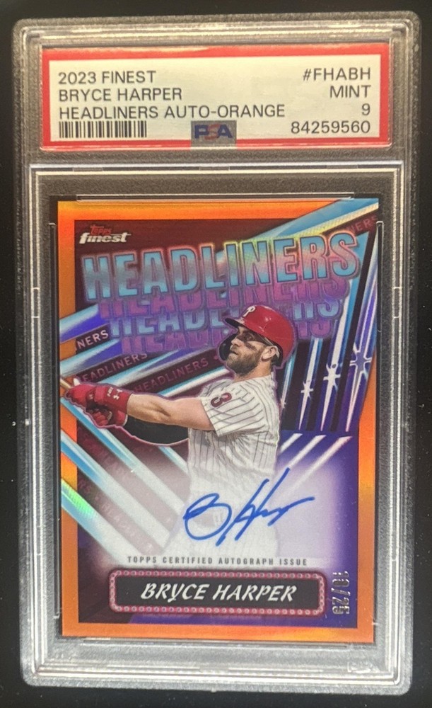 2023 Topps Finest Bryce Harper Headliners Auto Orange Refractor #/25 PSA 9