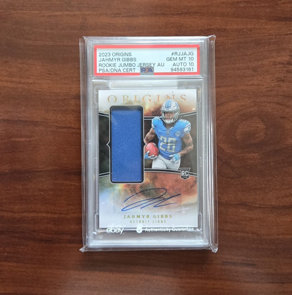 PSA 10 RPA Jahmyr Gibbs 2023 Origins Jumbo RC Rookie Patch Auto SSP RJJAJG
