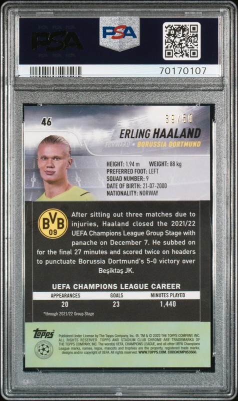 2021-22 Stadium Club Chrome UCL #46 Erling Haaland Gold Refractor /50 PSA 9 view 2