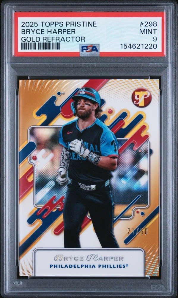2025 Topps Pristine Bryce Harper Gold Refractor /50 Phillies #106 PSA Mint 9