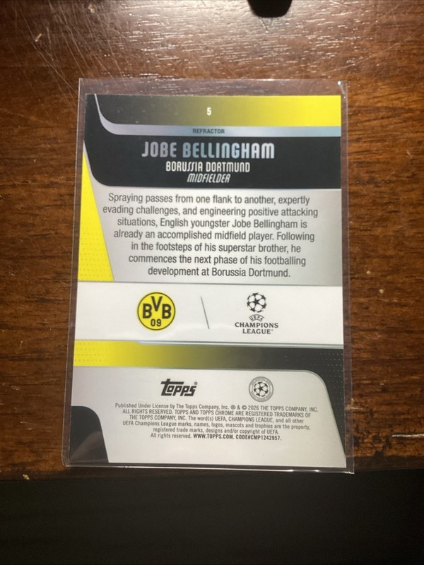 2025-26 Topps Chrome UEFA Jobe Bellingham #5 Refractor RC Rookie Dortmund Silver view 2