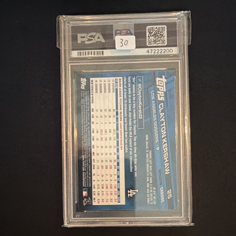 Topps 2017 Topps Chrome Clayton Kershaw With Hat #25 Pink Refractor PSA 10 view 2