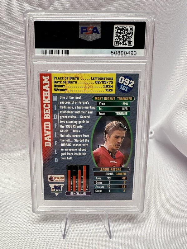 1996 Merlins Premier Gold David Beckham Rookie RC #092 PSA 7 view 2