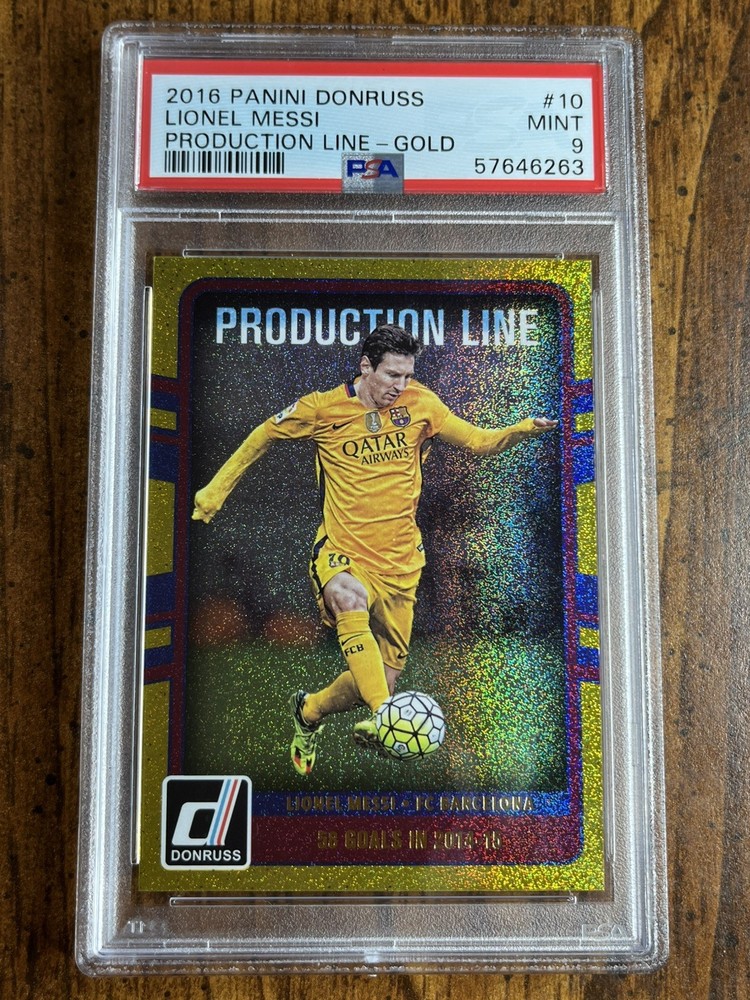 Lionel Messi • 2016 Panini Donruss Production Line Gold #10 PSA 9 Barcelona 🐐⚽️