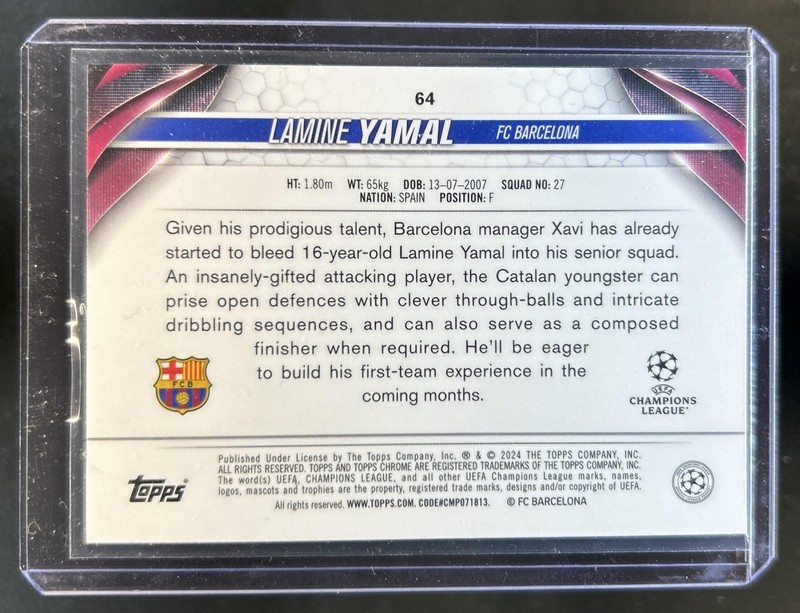 2023-24 Topps Chrome UEFA Lamine Yamal RC Refractor Rookie #64 Barcelona view 2