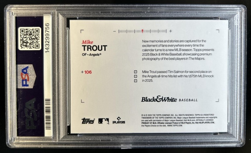 2025 Topps Black and White Mike Trout Purple #/25 Angels PSA 10 GEM MINT view 2