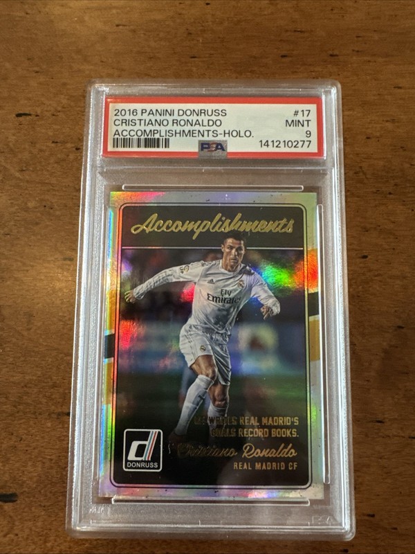 2016 Panini Donruss Cristiano Ronaldo Accomplishments Holo PSA 9 view 2