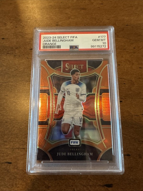 2023-24 Panini Select FIFA Jude Bellingham Orange Prizm 39/49 PSA 10 view 2