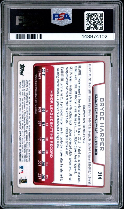 2012 Bowman Chrome Baseball Bryce Harper Rookie #214 PSA 10 GEM MINT view 2