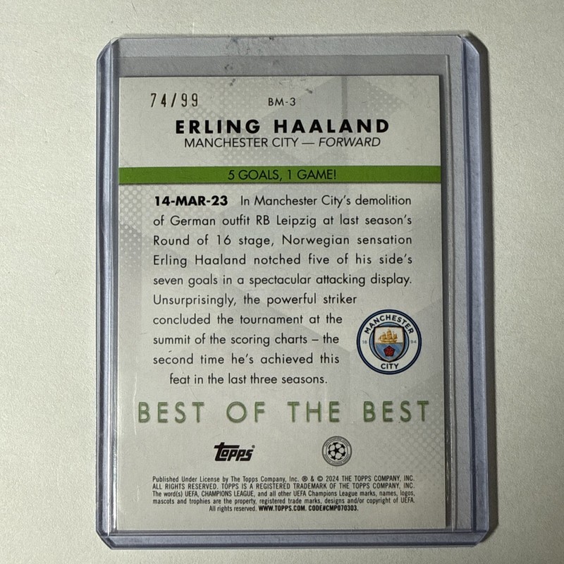 2023-24 Topps UCL - Best of the Best Erling Haaland #BM-3 Icy Blue Foilboard /99 view 2