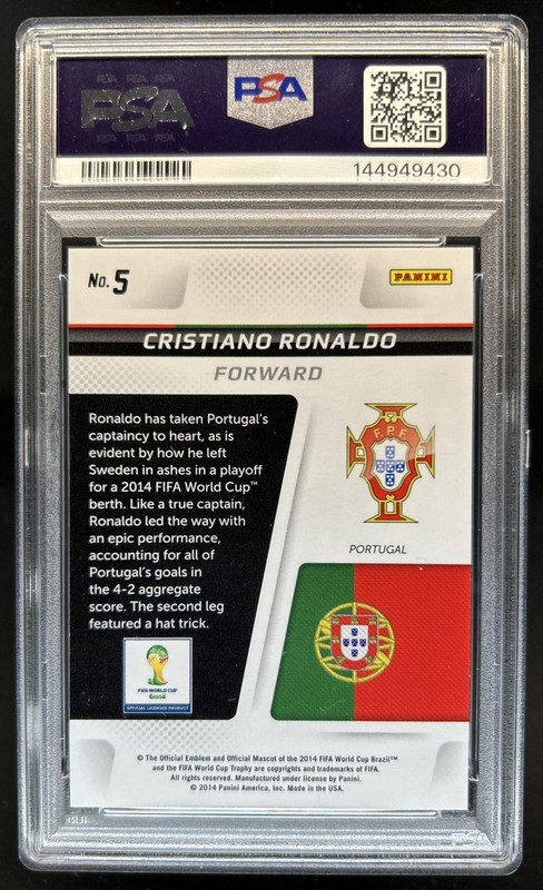 2014 Panini Prizm FIFA World Cup Brazil Cristiano Ronaldo Captains #5 PSA 10 view 2