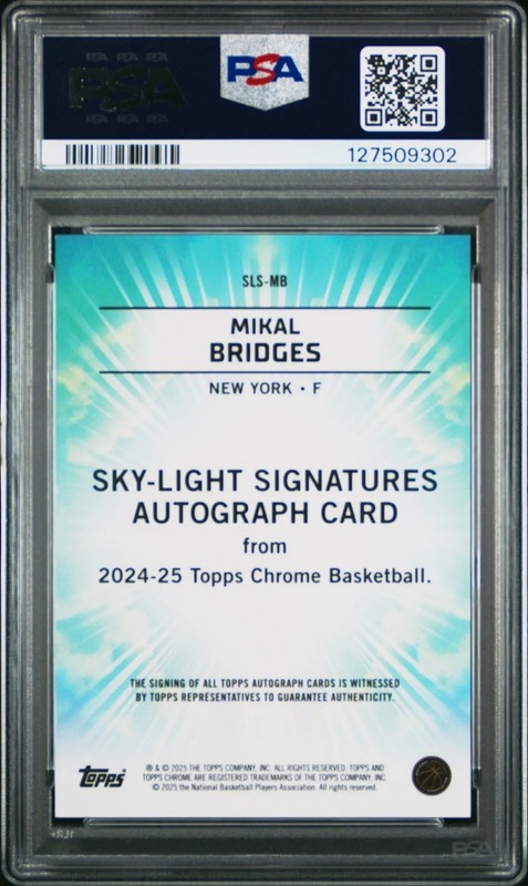 2024 Topps Chrome Mikal Bridges Sky-Light Signatures Orange Auto /25 PSA 9 view 2