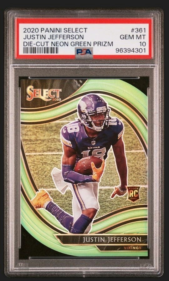 2020 Panini Select-Field Level Justin Jefferson #361 Neon Green Prizm Die-Cut RC