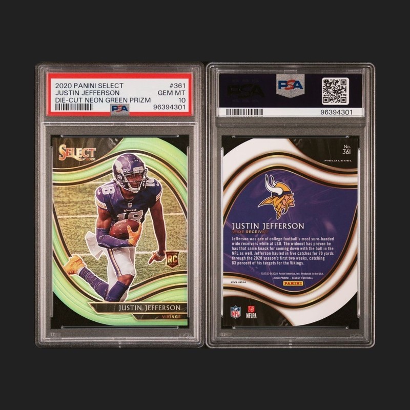 2020 Panini Select-Field Level Justin Jefferson #361 Neon Green Prizm Die-Cut RC view 2
