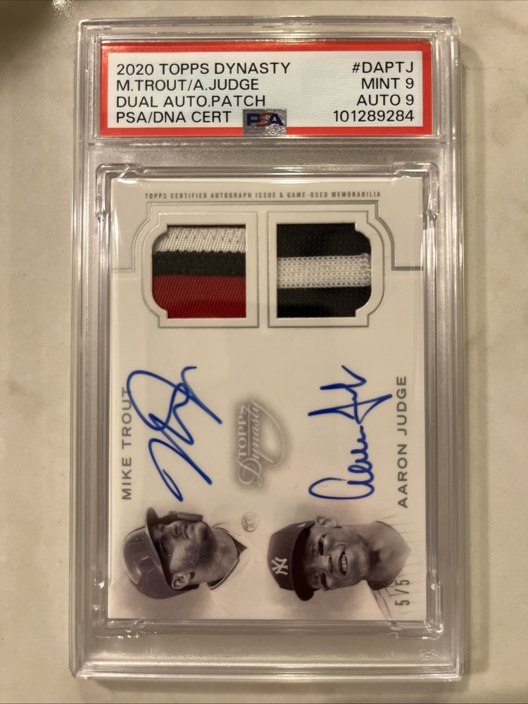 2020 Topps Dynasty Mike Trout Aaron Judge Dual Patch Autograph 5/5 PSA 9 Auto 9