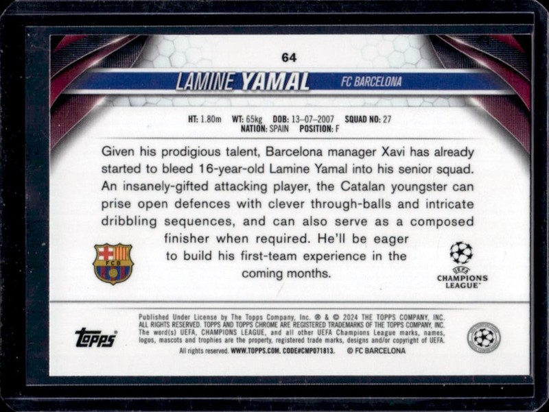 2023-24 Topps Chrome UEFA Lamine Yamal RC Rookie #64 Barcelona view 2
